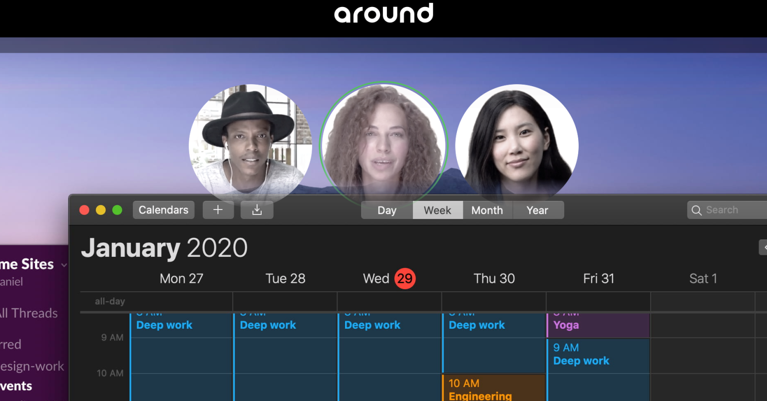 Aroundでは、画面の上部に小さな円形のビデオウィンドウが表示される